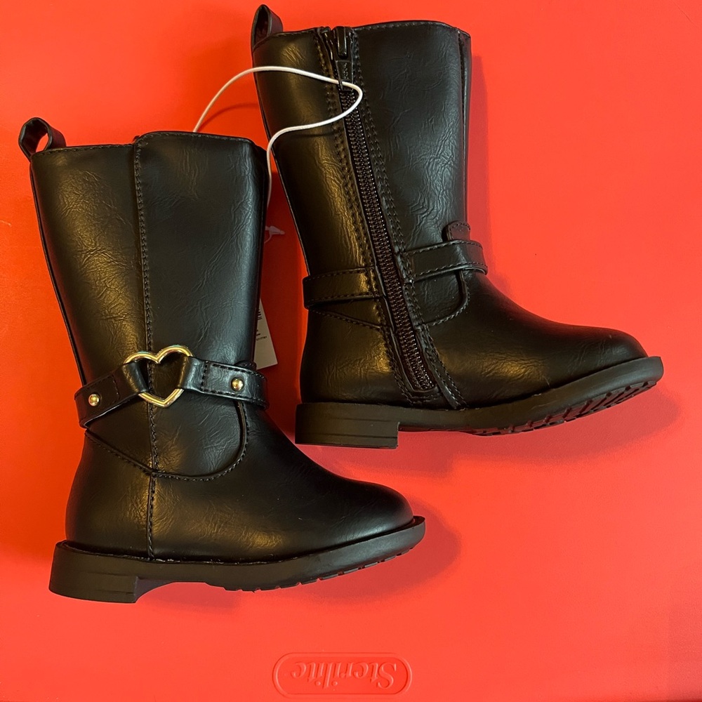 Baby Black Leather Boots with Heart Accent